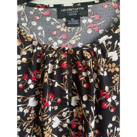 LIZ CLAIBORNE WOMENS PL FLORAL 3/4 SLEEVE BLOUSE ONE BUTTON AT NECK LINE - Picture 2 of 6